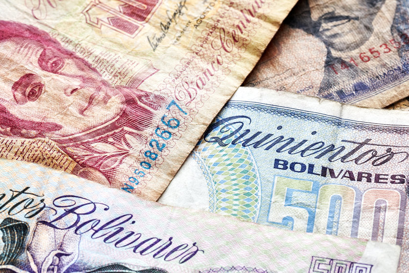 Close up picture of old Venezuelan bolivar banknotes, shallow depth of field.