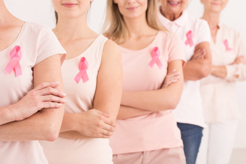 The power to fight breast cancer, women wearing pink ribbons for breast cancer campaign on white background